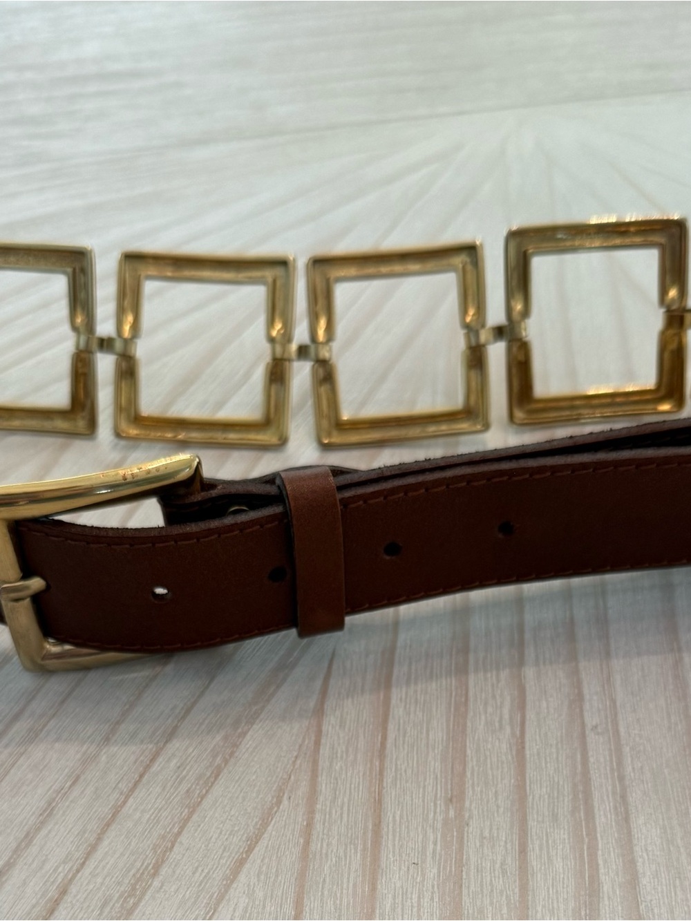 Brown Leather Belt with Gold Square-Link Accent Vintage